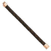 Chisel Stainless Steel Polished Rose IP-plated Brown Braided Leather Bracelet, 8.5" view 3