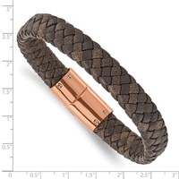 Chisel Stainless Steel Polished Rose IP-plated Brown Braided Leather Bracelet, 8.5" view 4