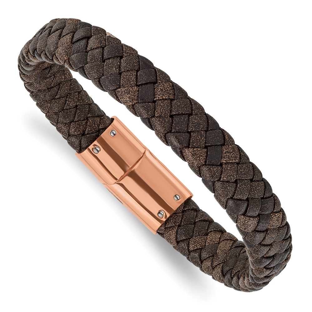 Stainless Steel Polished Rose IP Braided Brown Leather 8.5in Bracelet