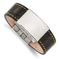 Stainless Steel Polished Black Leather Yellow Stitch ID Bracelet, 8.5" view 2
