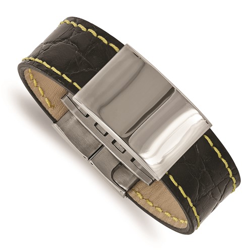 Stainless Steel Polished Black Leather Yellow Stitch ID Bracelet, 8.5"