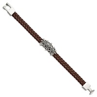 Chisel Stainless Steel Antiqued and Polished Cross Braided Brown Leather Bracelet, 8.5" view 3