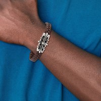 Chisel Stainless Steel Antiqued and Polished Cross Braided Brown Leather Bracelet, 8.5" view 5