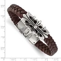 Chisel Stainless Steel Antiqued and Polished Cross Braided Brown Leather Bracelet, 8.5" view 4