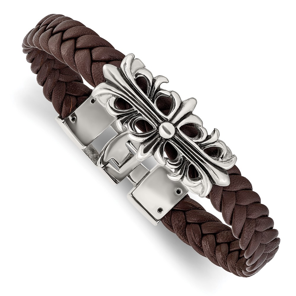 Chisel Stainless Steel Antiqued and Polished Cross Braided Brown Leather Bracelet, 8.5"