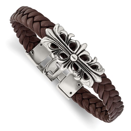 Chisel Stainless Steel Antiqued and Polished Cross Braided Brown Leather 8.5 Inch Bracelet