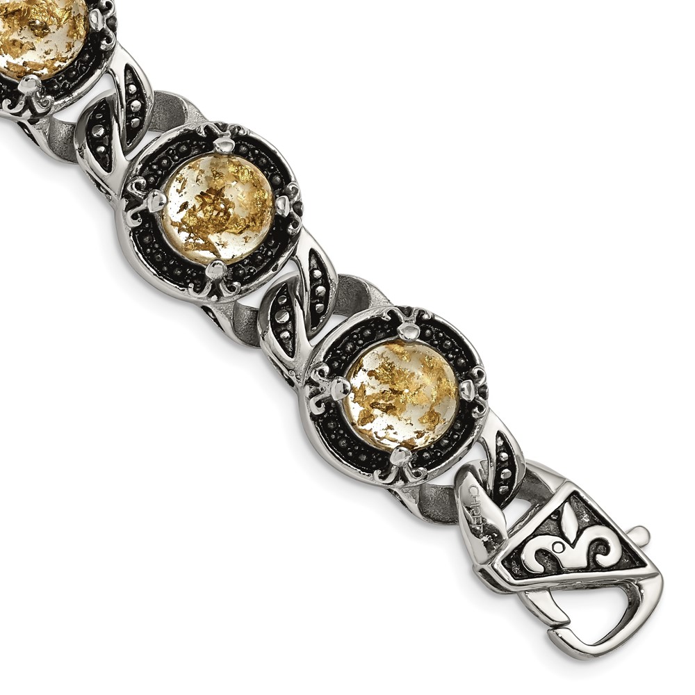 Stainless Steel Antiqued and Polished w/Gold Tin Epoxy Resin 9in Bracelet