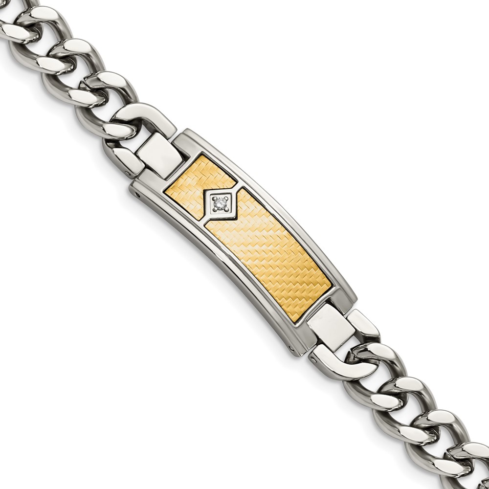 Stainless Steel 9in Polished with 18k Weave Textured Diamond ID Bracelet