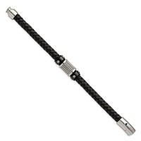 Chisel Stainless Steel Polished and Textured Black IP-plated Black Braided Leather and Rubber Bracelet, 8.5" view 3