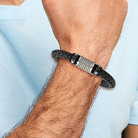 Chisel Stainless Steel Polished and Textured Black IP-plated Black Braided Leather and Rubber Bracelet, 8.5" view 5
