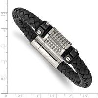 Chisel Stainless Steel Polished and Textured Black IP-plated Black Braided Leather and Rubber Bracelet, 8.5" view 4