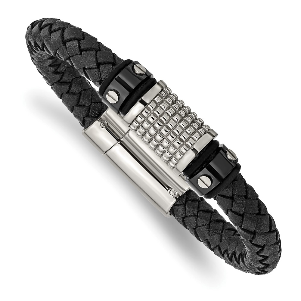 Stainless Steel Polished Black IP-plated Leather & Rubber Bracelet