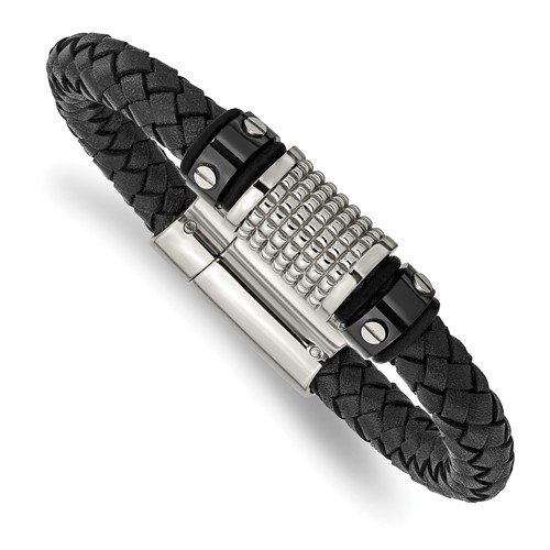 Chisel Stainless Steel Polished and Textured Black IP-plated Black Braided Leather and Rubber Bracelet, 8.5"