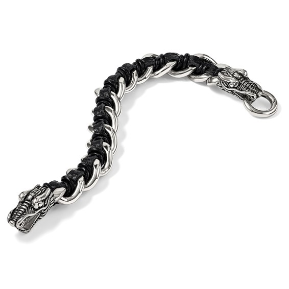 Chisel Stainless Steel Antiqued and Polished Dragon Head Curb Chain with Black Leather 8.5 inch Bracelet