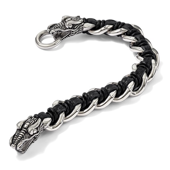 Chisel Stainless Steel Antiqued and Polished Dragon Head Curb Chain with Black Leather 8.5 inch Bracelet