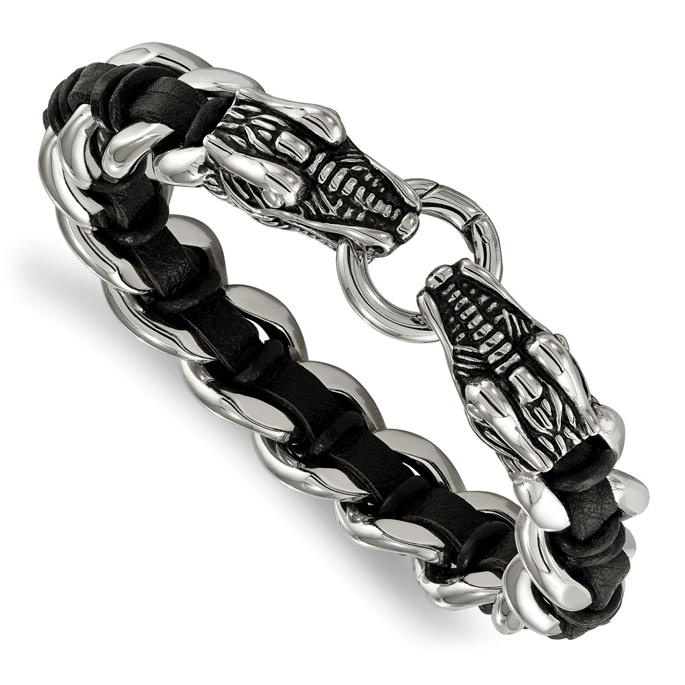 Stainless Steel Antiqued & Polished Dragon Head Black Leather Bracelet