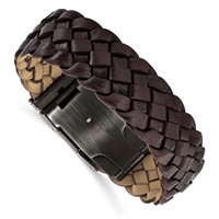 Stainless Steel Antiqued and Brushed Brown Braided Leather Bracelet, 9" view 3