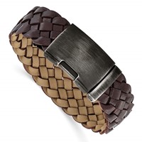 Stainless Steel Antiqued and Brushed Brown Braided Leather Bracelet, 9" view 1