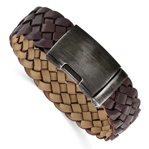 Stainless Steel Antiqued and Brushed Brown Braided Leather Bracelet, 9"