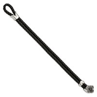Stainless Steel Polished Black IP Bracelet with CZ Braided Black Leather, 8" view 3