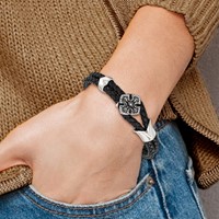 Stainless Steel Polished Black IP Bracelet with CZ Braided Black Leather, 8" view 5