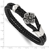 Stainless Steel Polished Black IP Bracelet with CZ Braided Black Leather, 8" view 4