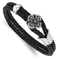 Stainless Steel Polished Black IP Bracelet with CZ Braided Black Leather, 8" view 1