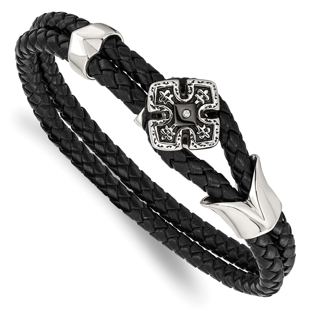 Stainless Steel Polished Black IP w/CZ Braided Black Leather 8in Bracelet