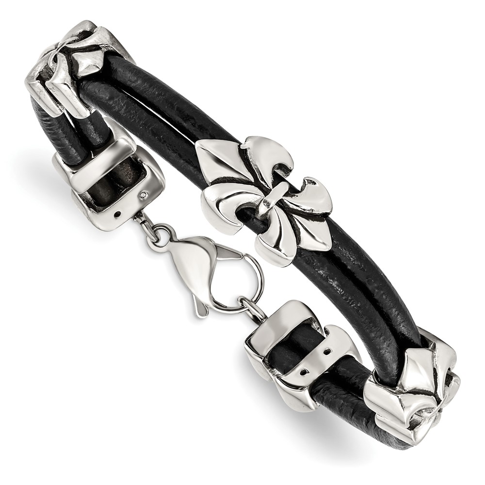 Stainless Steel Antiqued & Polished Fleur De Lis Black Leather Bracelet