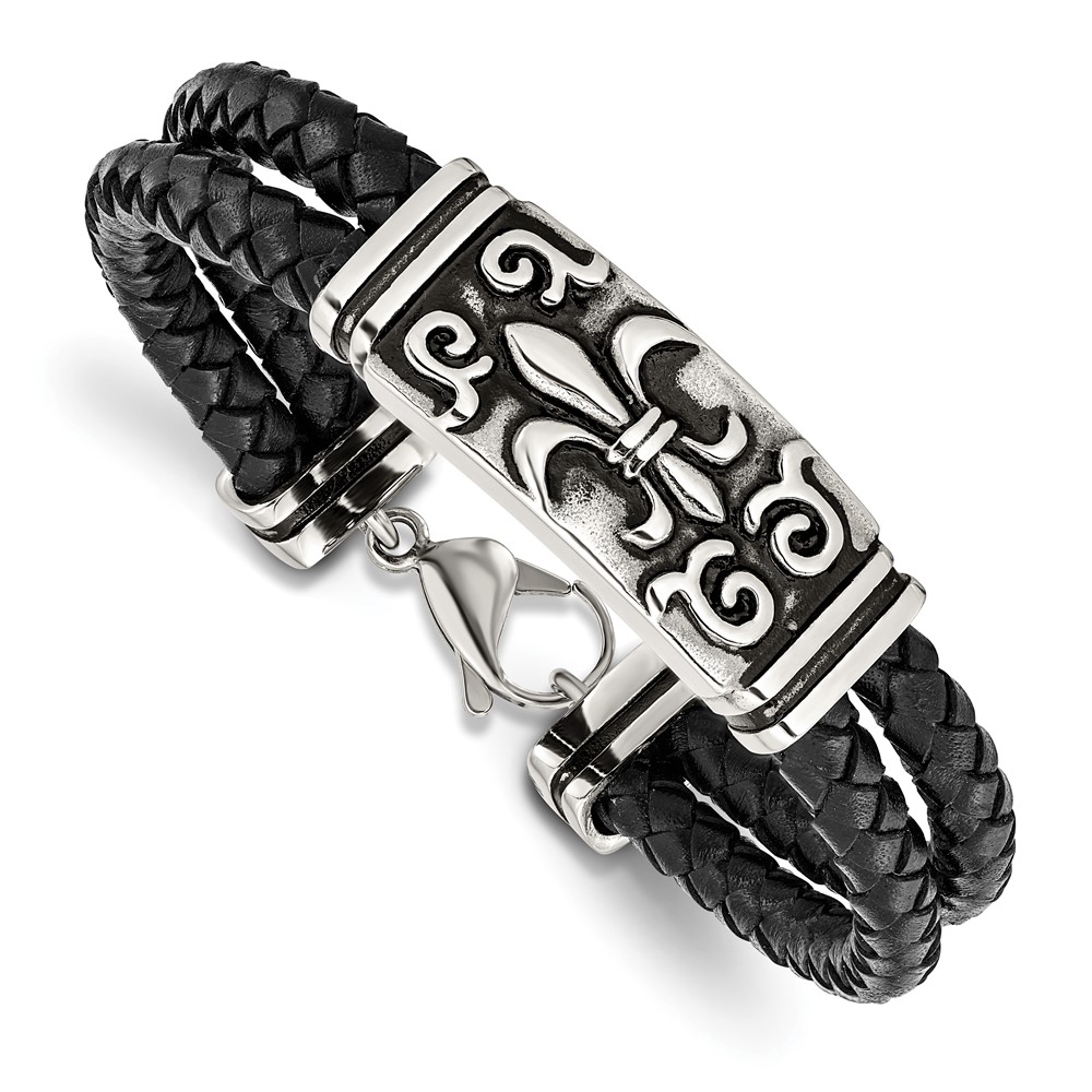 Stainless Steel Antiqued & Polished Fleur De Lis Black Leather Bracelet