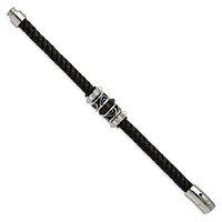 Chisel Stainless Steel Antiqued Brushed and Polished Black IP-plated Black Braided Leather Bracelet, 8.5" view 3