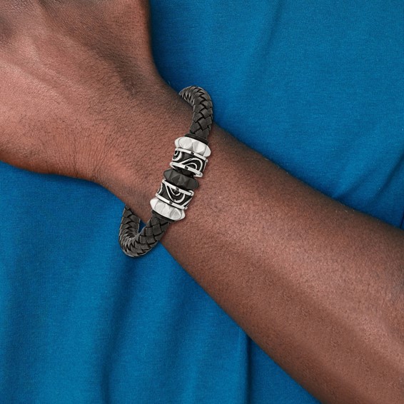 Chisel Stainless Steel Antiqued Brushed and Polished Black IP-plated Black Braided Leather 8.5 inch Bracelet