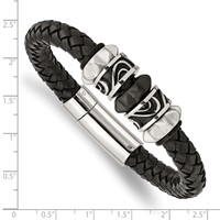 Chisel Stainless Steel Antiqued Brushed and Polished Black IP-plated Black Braided Leather Bracelet, 8.5" view 4