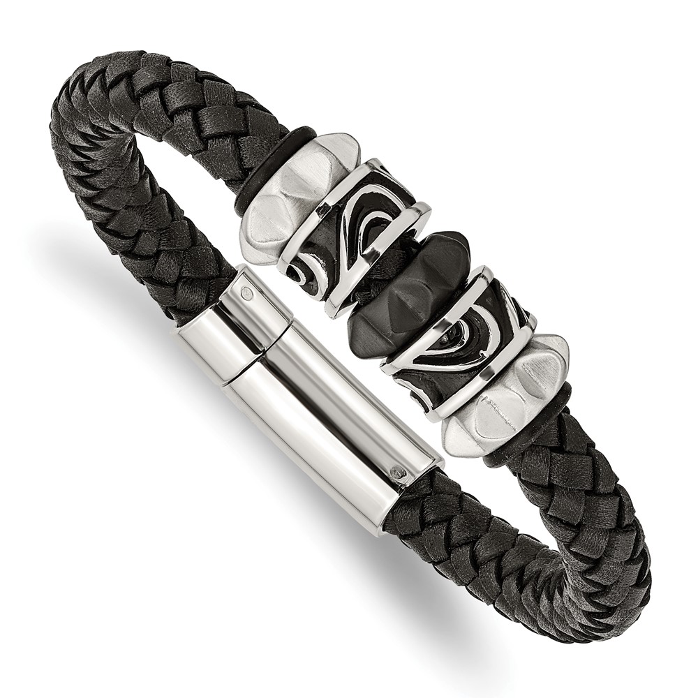 Stainless Steel Antiqued Brushed & Polished Black IP Leather Bracelet