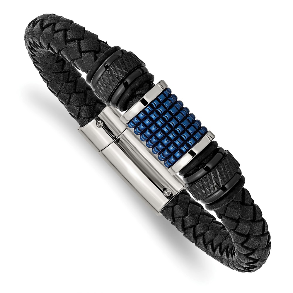 Stainless Steel Polished Black & Blue IP-plated Rubber & Leather Bracelet