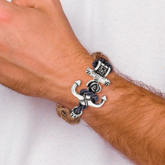 Chisel Stainless Steel Antiqued and Polished Anchor with Flower and Skulls Brown Leather 8.5 inch Bracelet