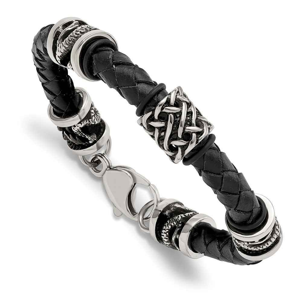 Stainless Steel Antiqued & Polished Dragon Black Braided Leather Bracelet