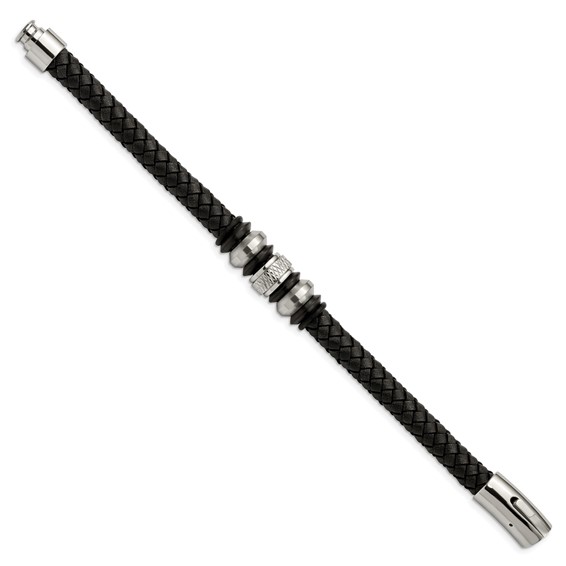 Chisel Stainless Steel Brushed Polished and Textured Black IP-plated Black Braided Leather and Rubber 8.5 inch Bracelet