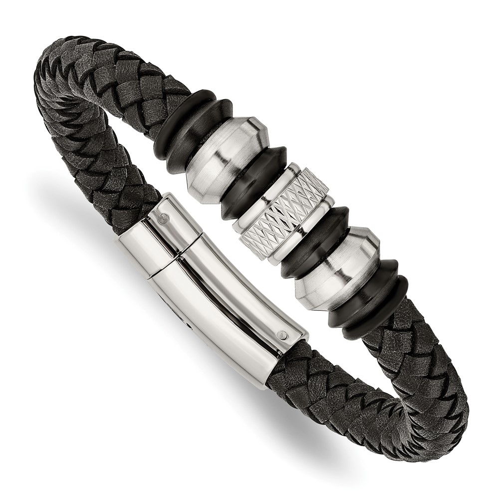 Stainless Steel Brushed & Polished Black IP Leather & Rubber Bracelet