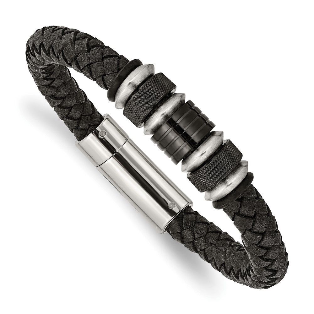 Stainless Steel Brushed & Polished Black IP Leather & Rubber Bracelet