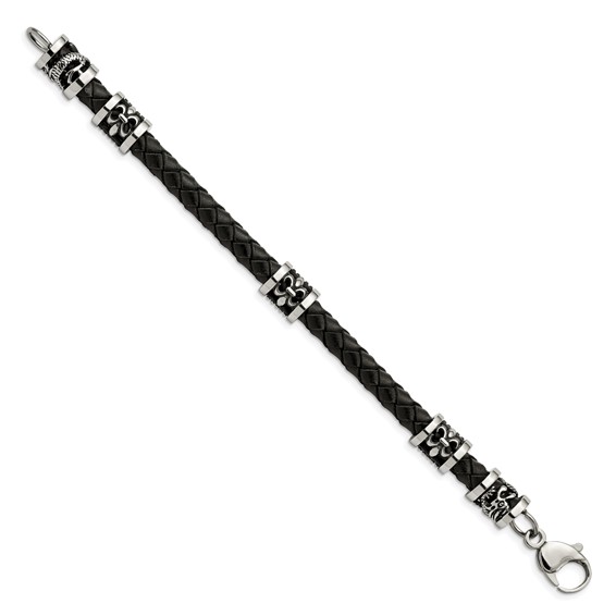 Chisel Stainless Steel Antiqued and Polished Fleur de Lis and Dragon Black Braided Leather 8.5 inch Bracelet