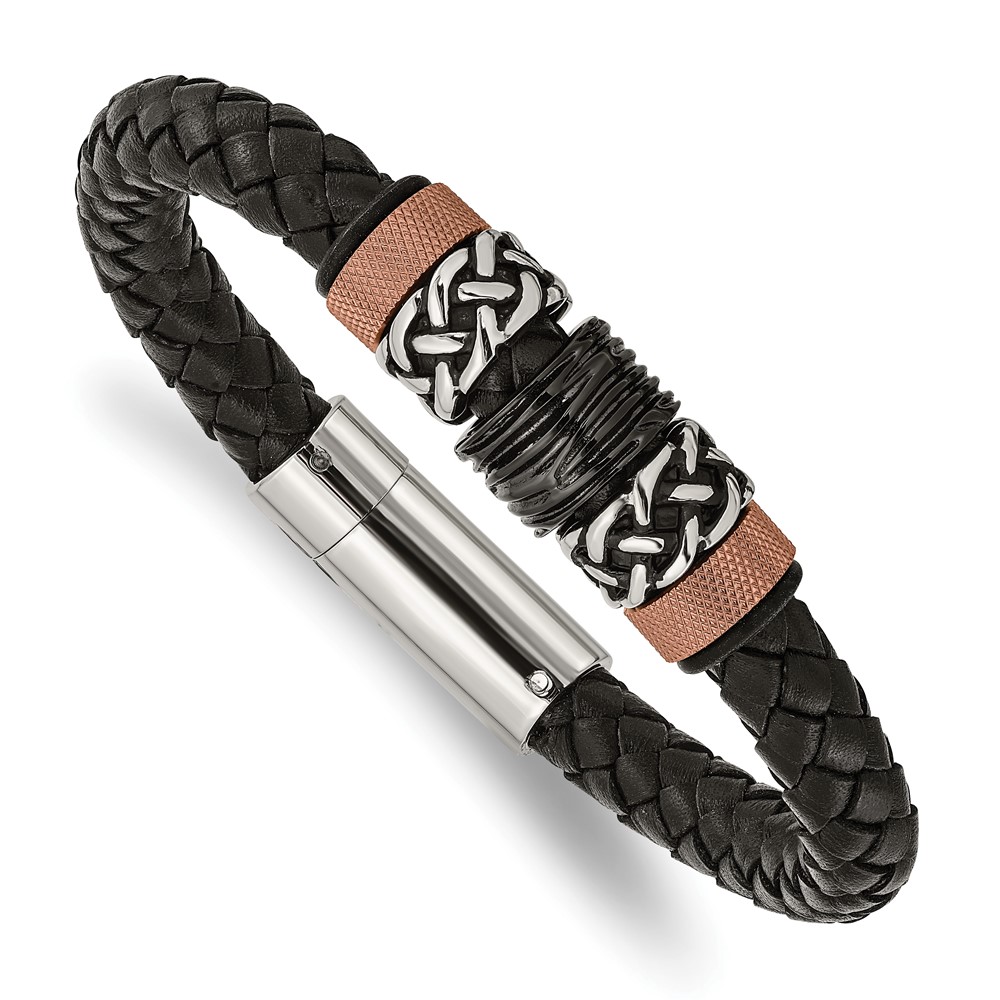 Stainless Steel Antiqued & Polished Black/Brown IP Rubber & Leather Bracele