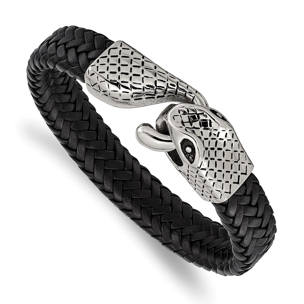 Stainless Steel Polished Black Leather Snake 8.25in Bracelet