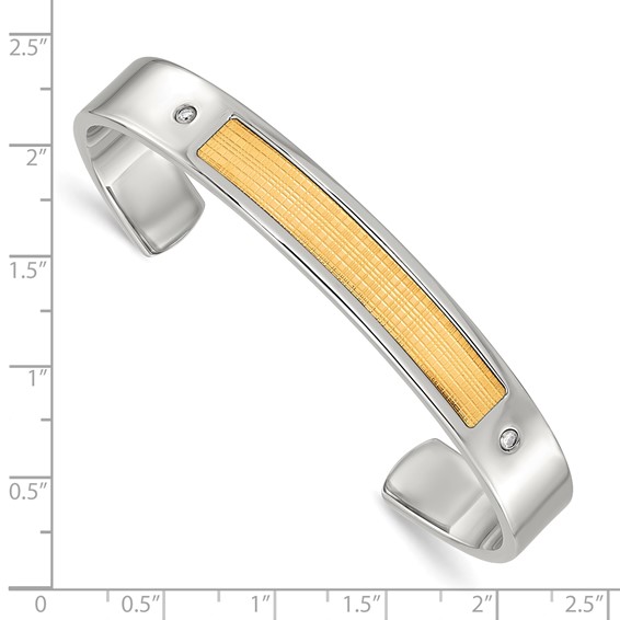 Chisel Stainless Steel with 18k Gold Accent Polished and Textured with 1/20 carat Diamond Cuff Bangle