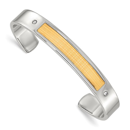 Chisel Stainless Steel Bangle with 18K Gold Accent Polished and Textured with 0.05 Carat Diamond Cuff
