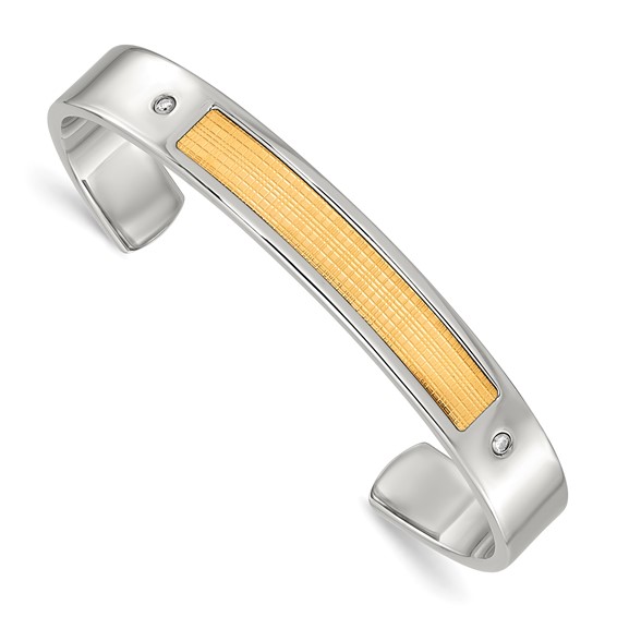 Chisel Stainless Steel with 18k Gold Accent Polished and Textured with 1/20 carat Diamond Cuff Bangle