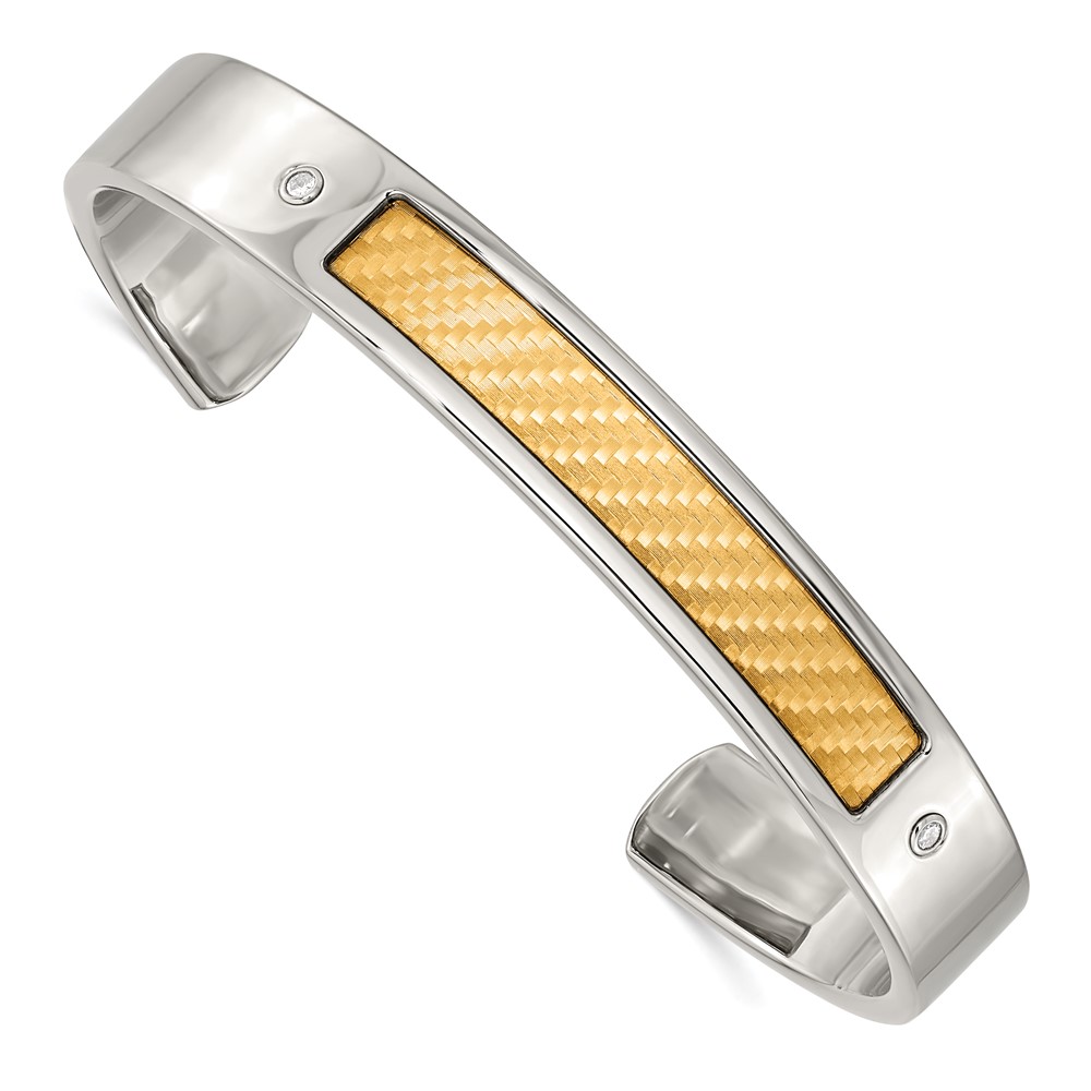 Stainless Steel w/18k Polished Textured 1/20ct. Diamond Cuff Bracelet