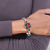 Stainless Steel Antiqued & Polished Bracelet with Red Glass Flower Cuff view 5