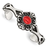 Stainless Steel Antiqued & Polished Bracelet with Red Glass Flower Cuff view 1