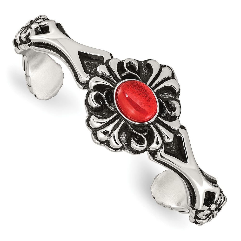 Stainless Steel Antiqued & Polished w/Red Glass Flower Cuff Bracelet